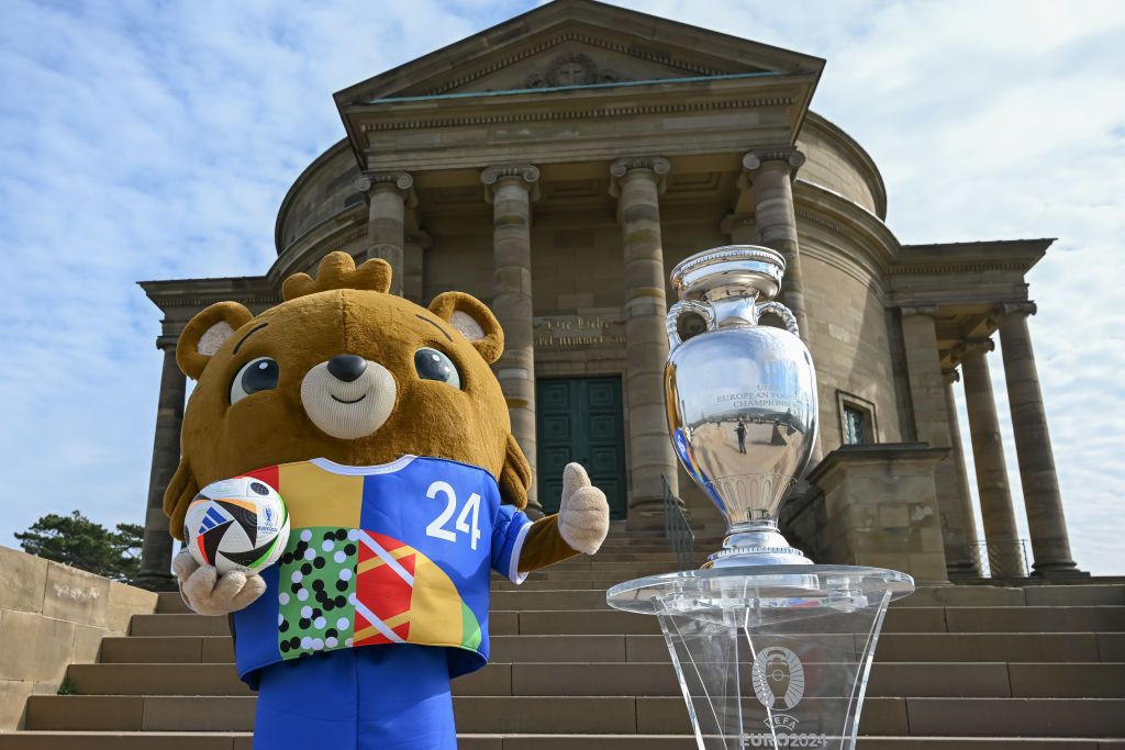 Euro 2024 tickets: How to get Euros tickets: The Trophy and Mascot Albärt are seen at Grabkapelle during the UEFA EURO 2024 Trophy Tour on March 22, 2024 in Stuttgart, Germany.