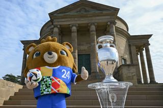 The Trophy and Mascot Albärt are seen at Grabkapelle during the UEFA EURO 2024 Trophy Tour on March 22, 2024 in Stuttgart, Germany.