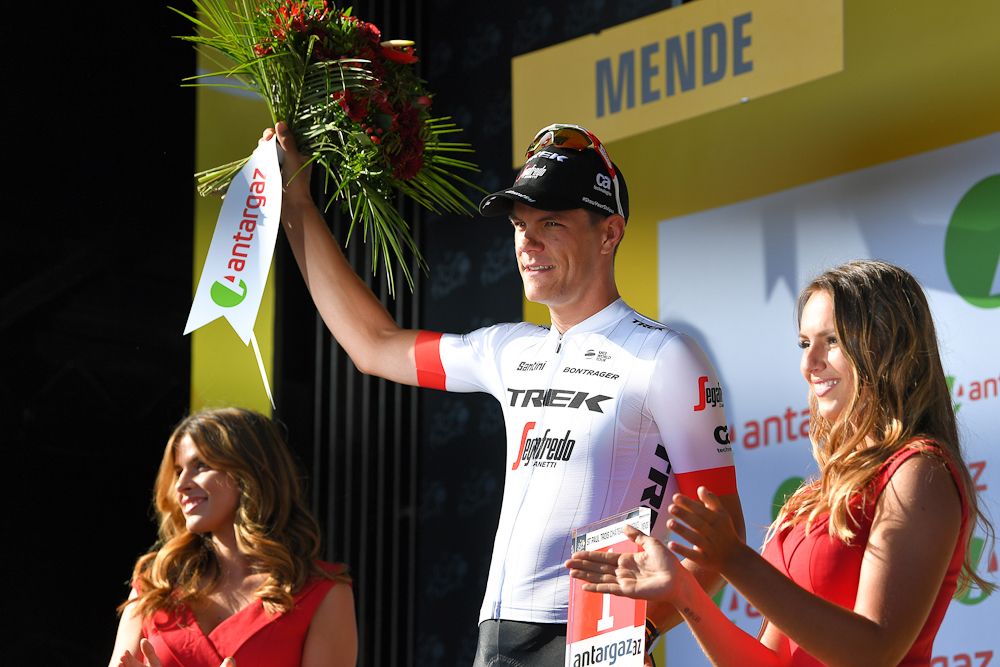 Jasper Stuyven on the Tour de France podium for most combative on stage 14