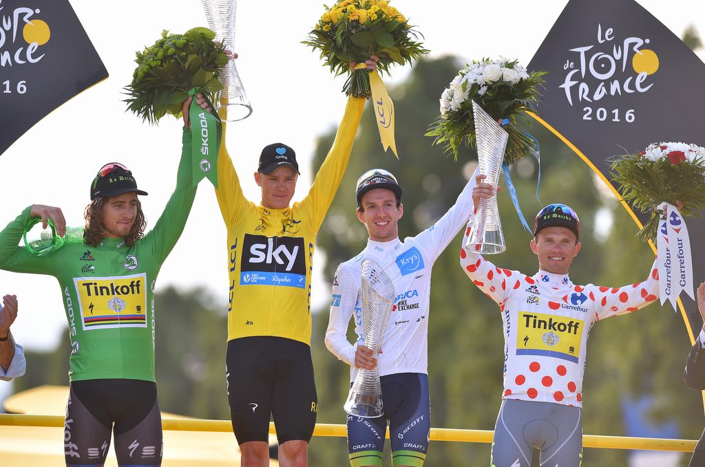 The four classification winners on the Paris podium: Peter Sagan, Chris Froome, Adam Yates and Rafal Majka