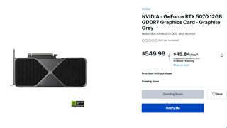 Nvidia GeForce RTX 5070 listing at Best Buy website