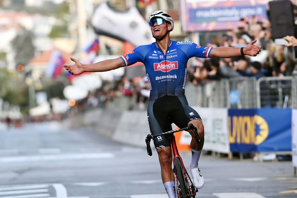 SANREMO ITALY MARCH 18 Mathieu Van Der Poel of The Netherlands and Team AlpecinDeceuninck celebrates at finish line as race winner during the 114th MilanoSanremo 2023 a 294km one day race from Abbiategrasso to Sanremo MilanoSanremo UCIWT on March 18 2023 in Sanremo Italy Photo by Tim de WaeleGetty Images