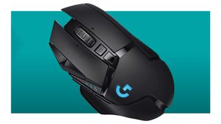 Logitech G502 mouse on a blue background