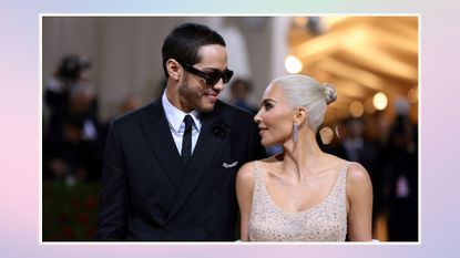 Kim Kardashian and Pete Davidson attend The 2022 Met Gala in a pink, green and blue background