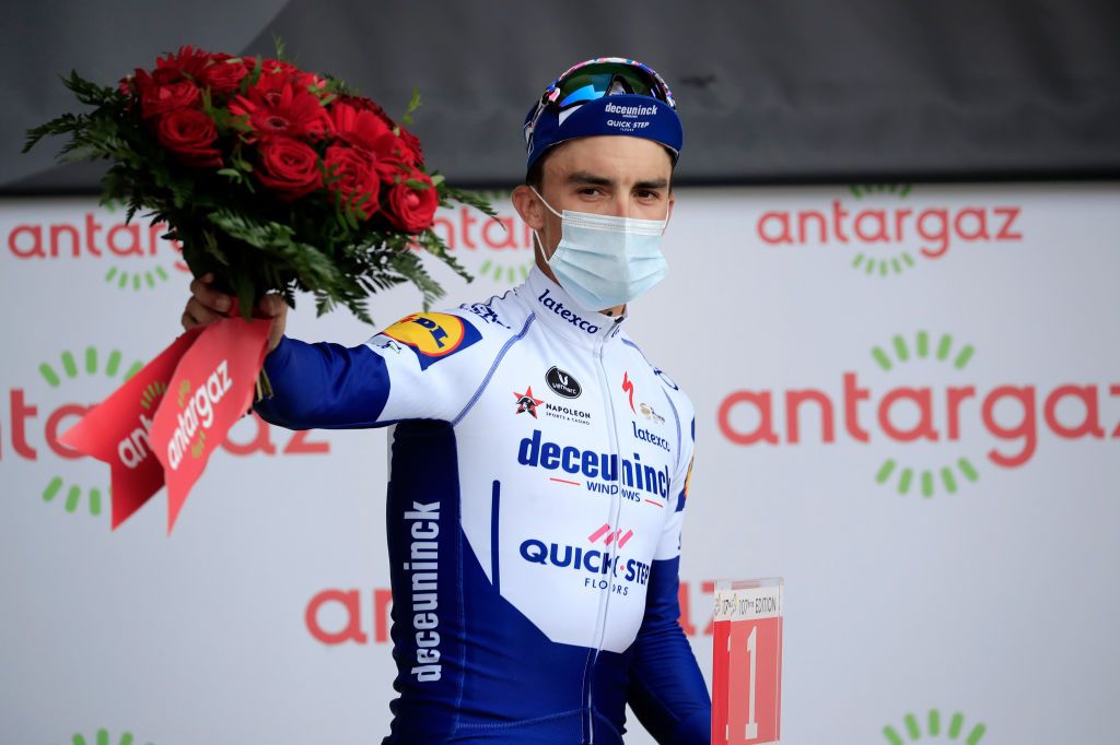 MERIBEL FRANCE SEPTEMBER 16 Podium Julian Alaphilippe of France and Team Deceuninck QuickStep Most Combative Rider Celebration during the 107th Tour de France 2020 Stage 17 a 170km stage from Grenoble to Mribel Col de la Loze 2304m TDF2020 LeTour on September 16 2020 in Mribel France Photo by Christophe PetitTesson PoolGetty Images