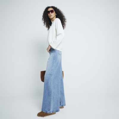 Blue Denim Mid Rise Wide Leg Jeans