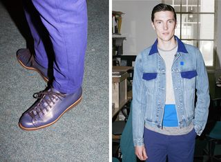 Model in Blue denim jacket and blue Shoes