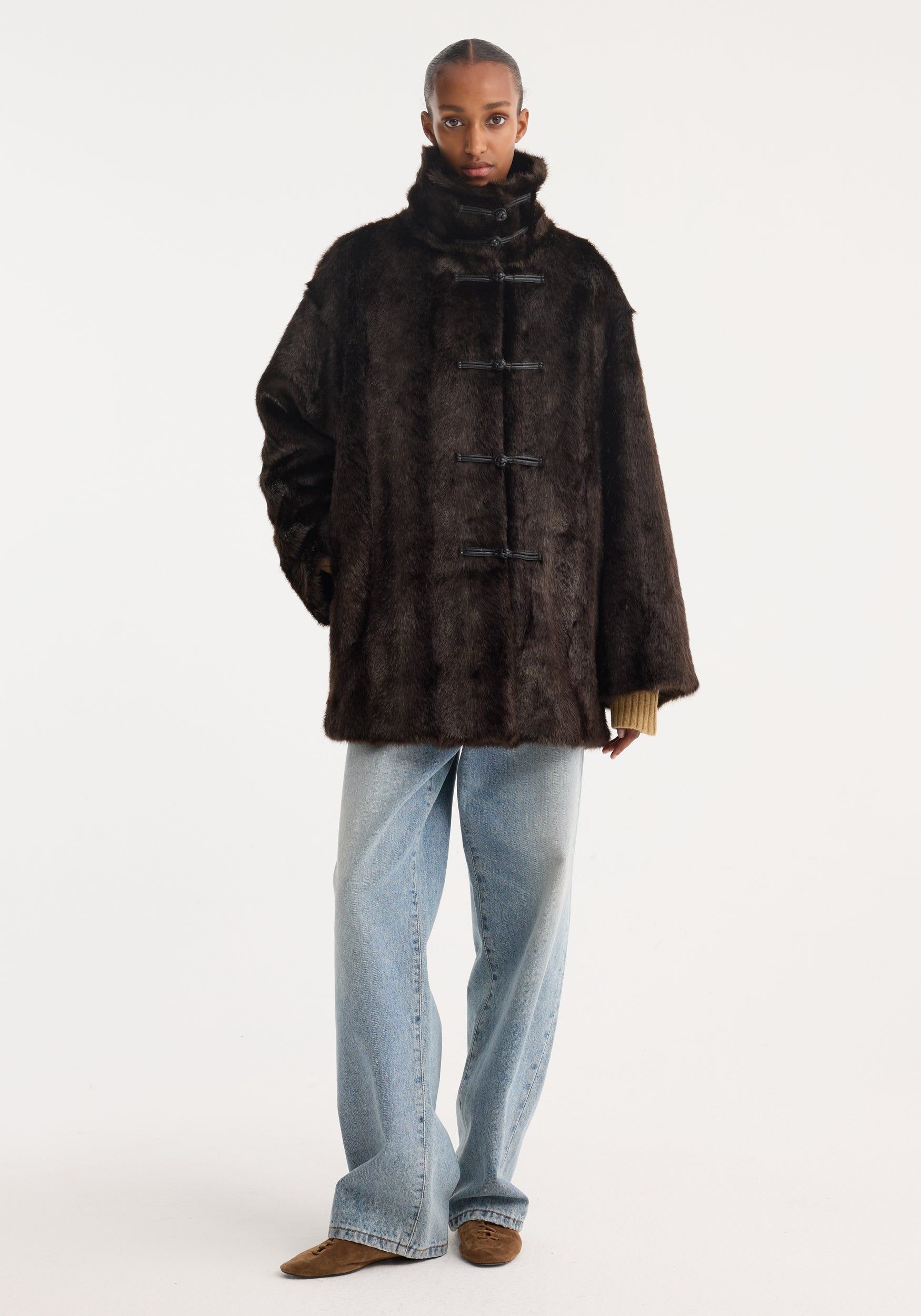 Mandarin Faux Fur Short Coat | Dark Brown