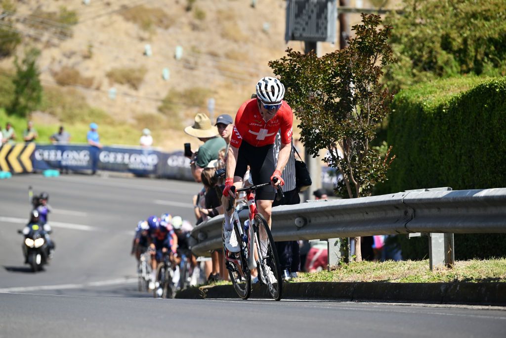 GEELONG AUSTRALIA FEBRUARY 02 Mauro Schmid of Switzerland and Team Jayco AlUla competes in the breakaway during the 9th Cadel Evans Great Ocean Road Race 2025 Mens Elite a 1838km one day race from Geelong to Geelong UCIWT on February 02 2025 in Geelong Australia Photo by Dario BelingheriGetty Images
