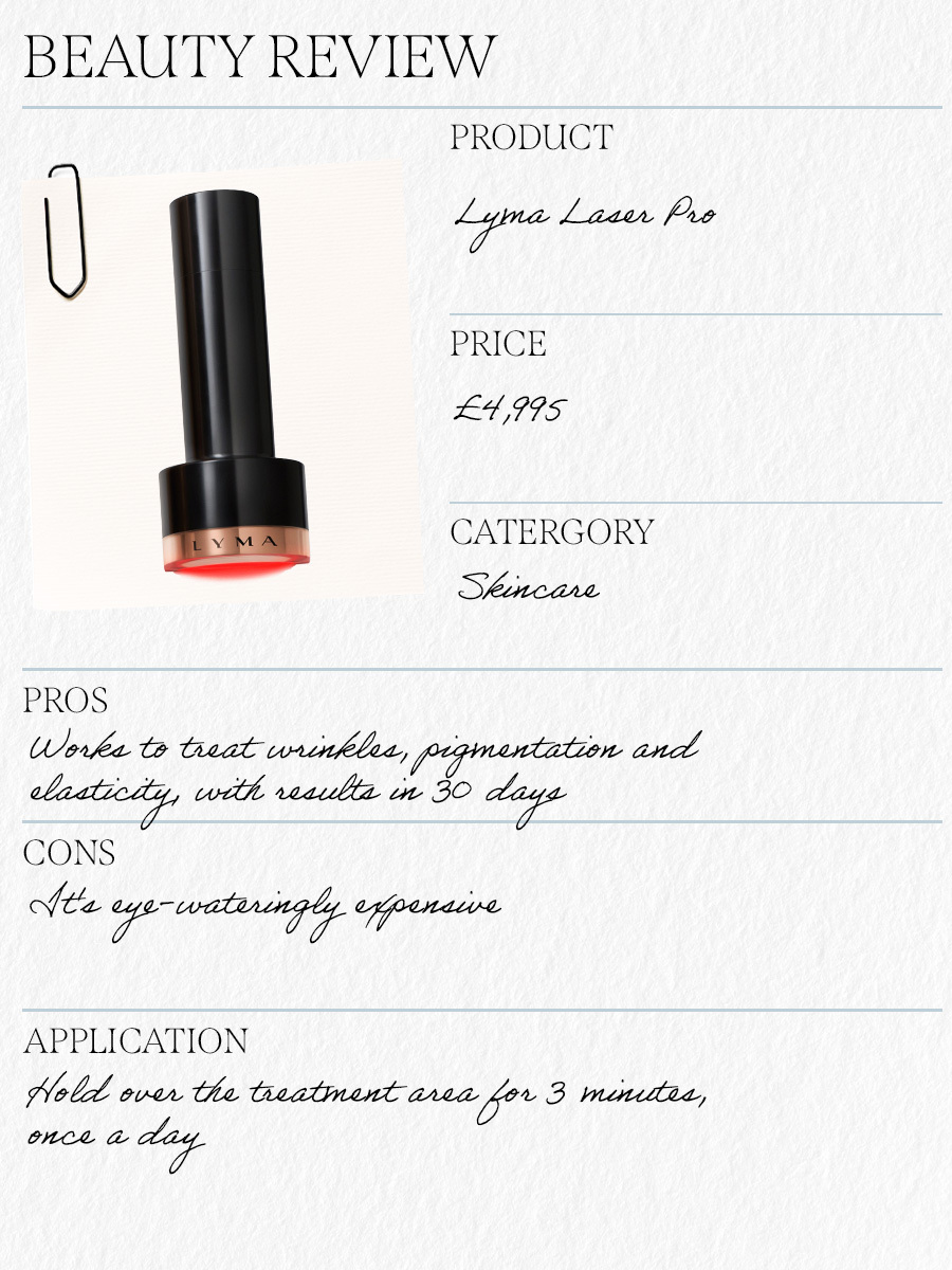 A tear sheet with details of the Lyma Laser Pro, including the price, the pros and cons and how to use it