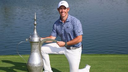 Rory McIlroy with the trophy after winning the 2024 Hero Dubai Desert Classic
