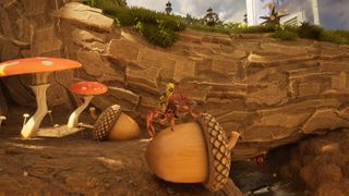 Player on an ant stood on top of an acorn in front of an oak tree in Grounded 2