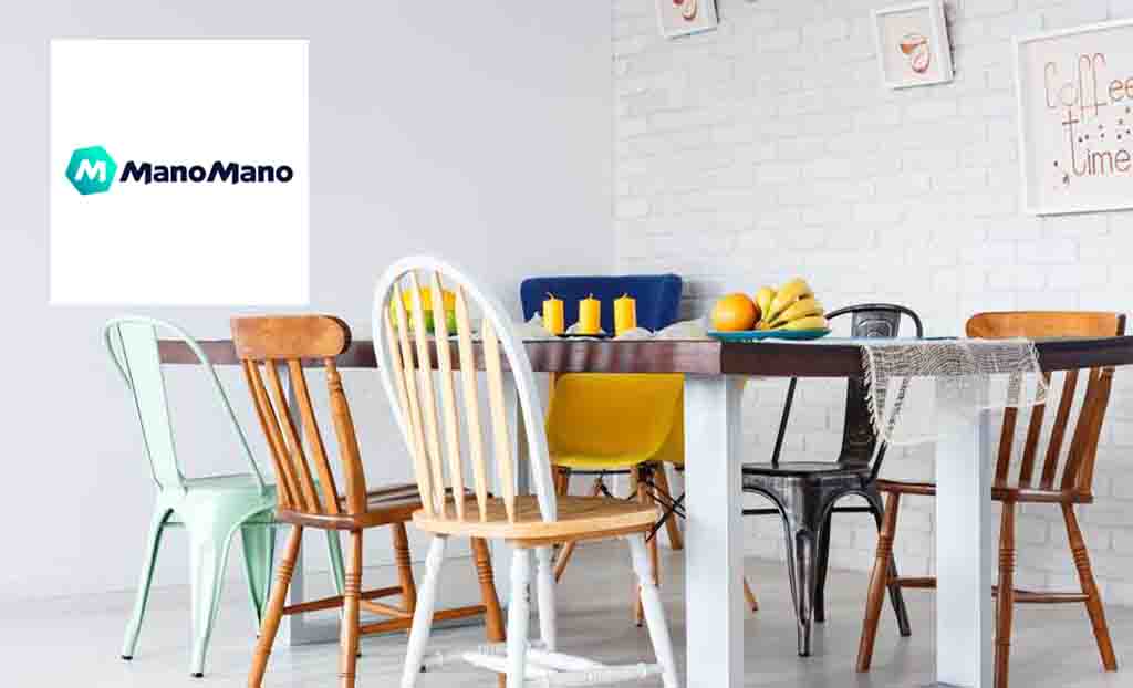 mano mano logo top left with a picture of wooden kitchen table and chairs
