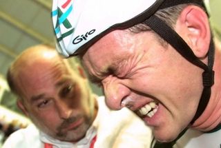 Chris Boardman in agony after setting the hour record