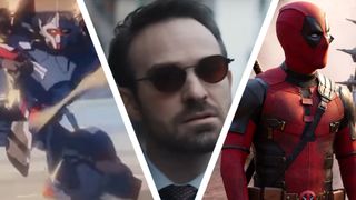 A collage image comprising shots from What If? season 3, Daredevil: Born Again, and Deadpool and Wolverine