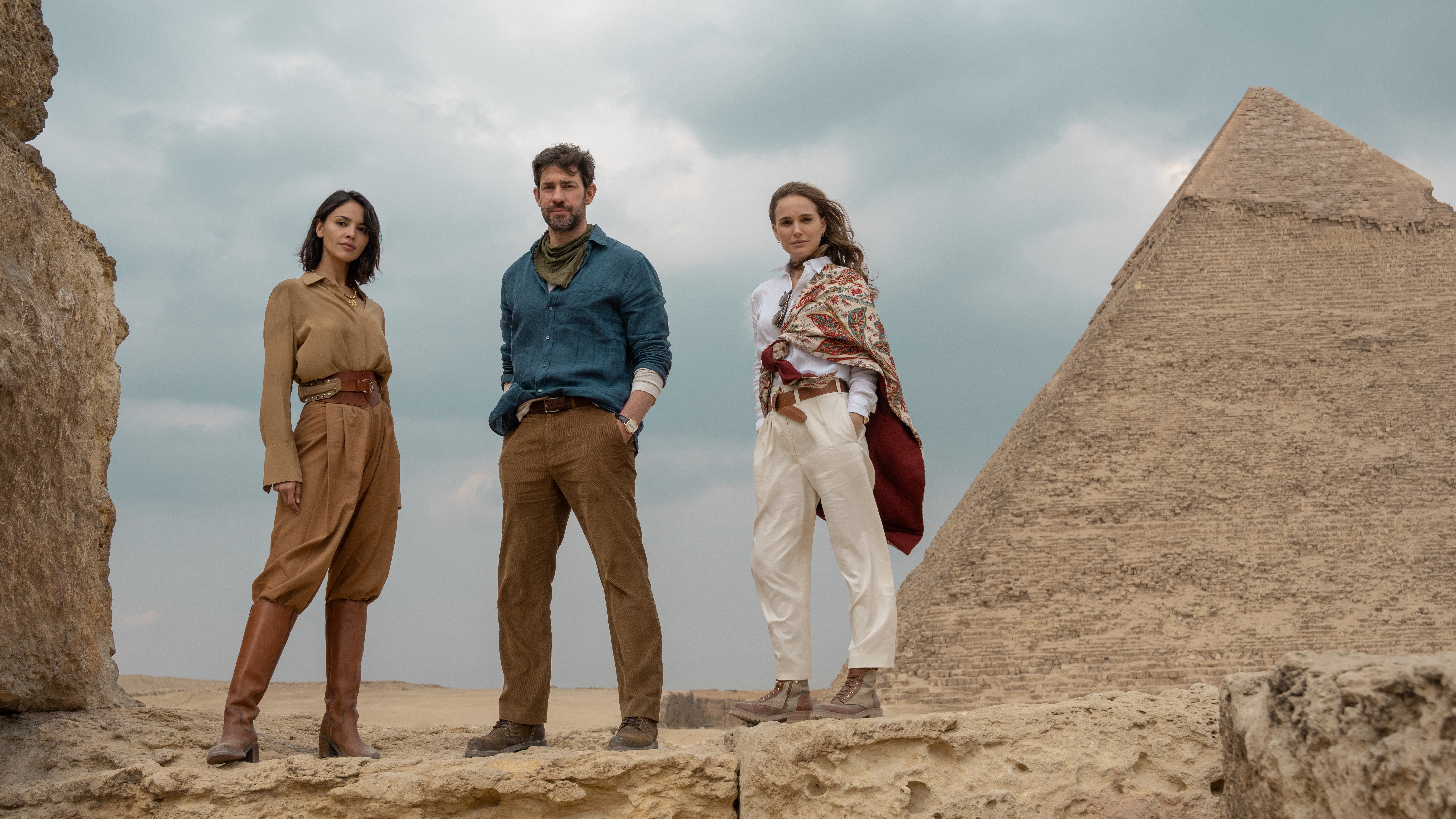 From left: Eiza González, John Krasinski and Natalie Portman star in Fountain of Youth.