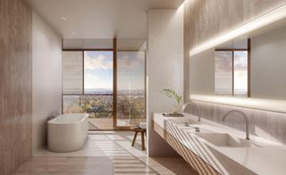 Render of a bathroom at The Residences at The West Hollywood Edition, by John Pawson, Los Angeles, USA