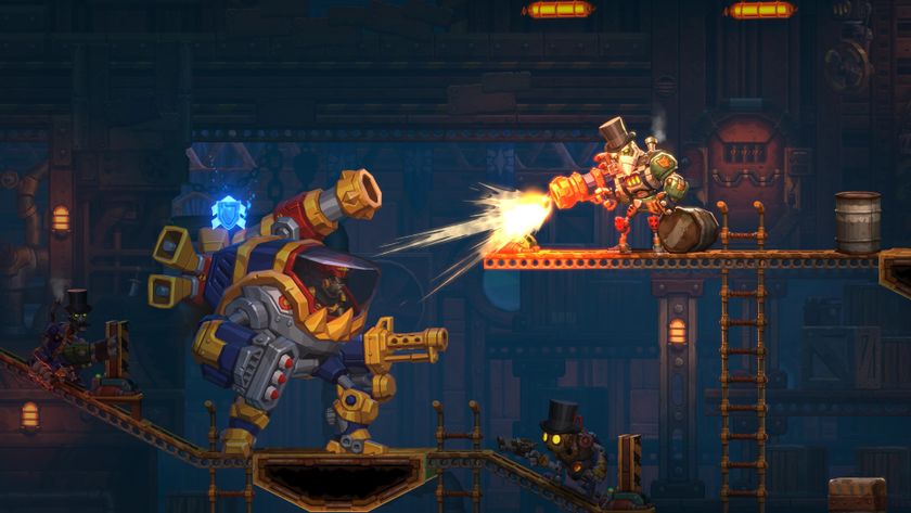 A steambot firing a rocket launcher at a dieselbot in a mech suit in SteamWorld Heist 2.