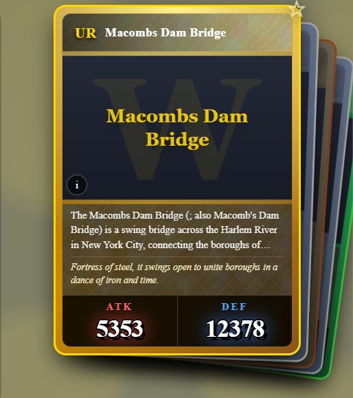Playing card from Wikigacha derived from the Wikipedia article for Macombs Dam Bridge