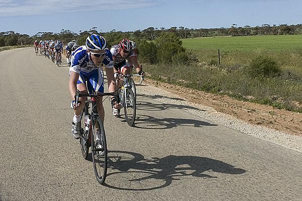 James Langedyk (Jayco/VIS) leads the second group giving chase to the leading pack just past the half-way point on the stage.