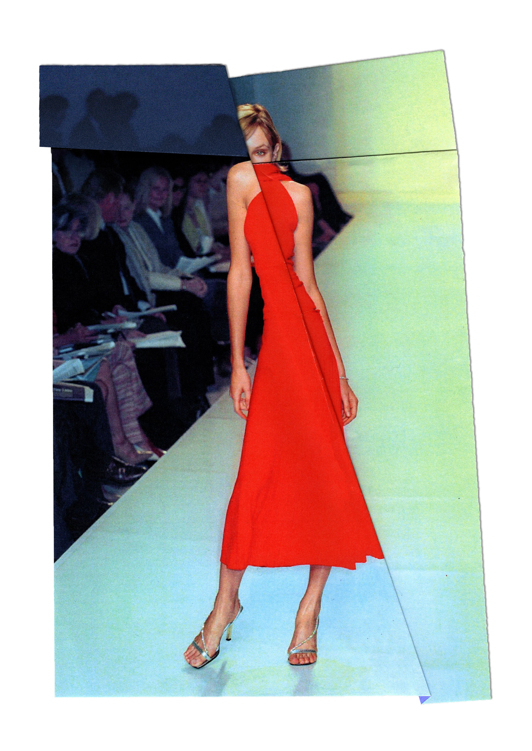 graphic of a model with geometric shapes cut down to make her look freakishly slim