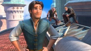 Flynn Rider stands handsomely atop a castle in Tangled