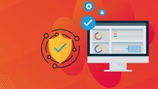 An image of a desktop monitor on a red background, with check, cog, and padlock icons in blue circles, and a gold shield