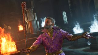 Oblivion Remastered - Sheogorath balances a staff on his hand while surrounded by magical fires