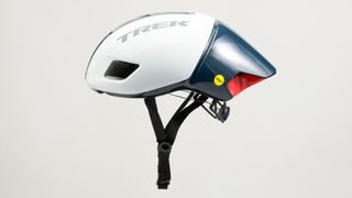 A white and silver Trek Ballista MIPS with red touch on the rear and silver logo across the top