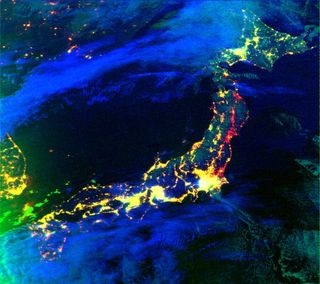 Satellite image showing power outages in Japan after earthquake