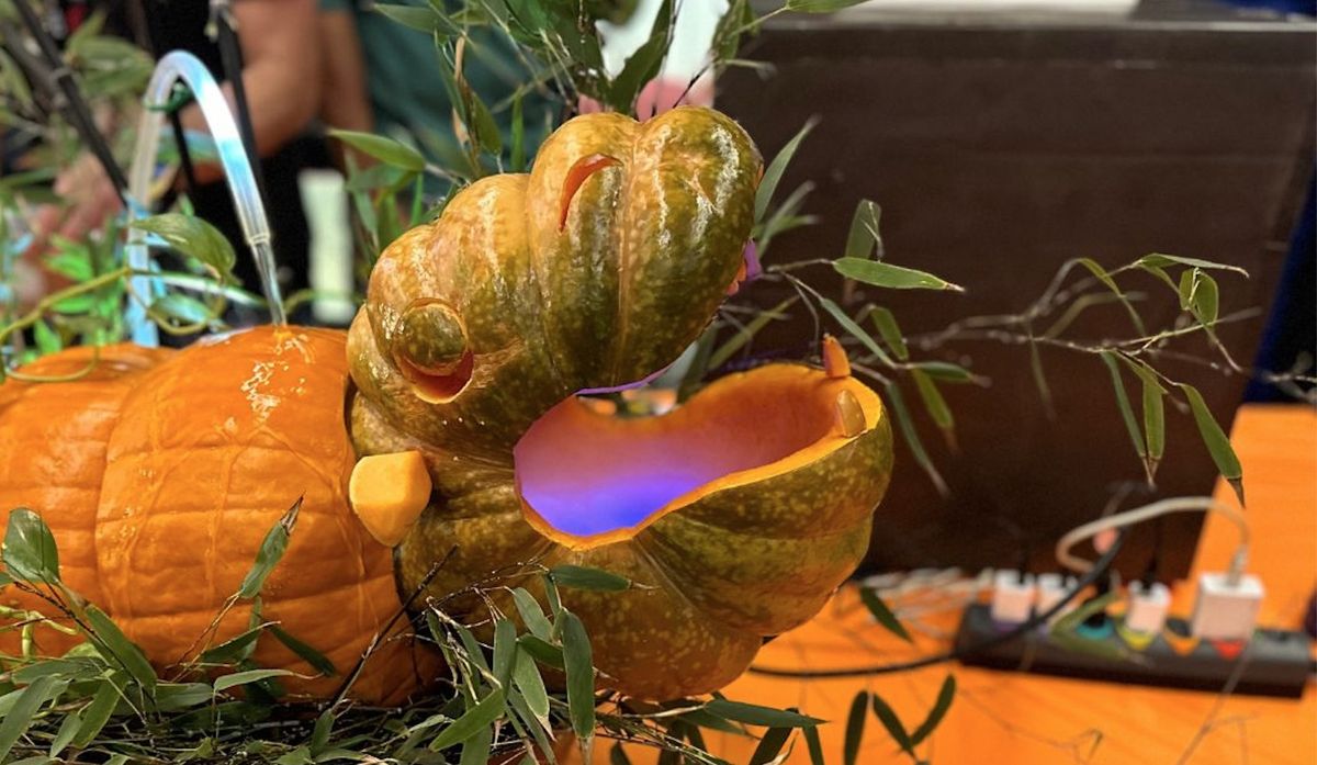 a baby hippo carved from pumpkins