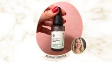 A hand with red nails holding a bottle of Boost Lab Hydro Boost serum on a pink surface next to an image of beauty editor Fiona McKim in a green blazer with blonde hair