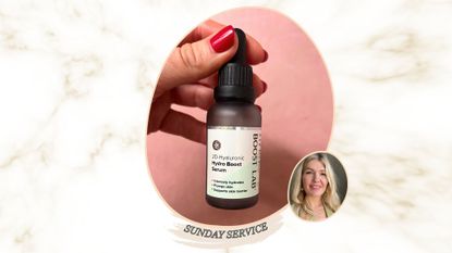 A hand with red nails holding a bottle of Boost Lab Hydro Boost serum on a pink surface next to an image of beauty editor Fiona McKim in a green blazer with blonde hair