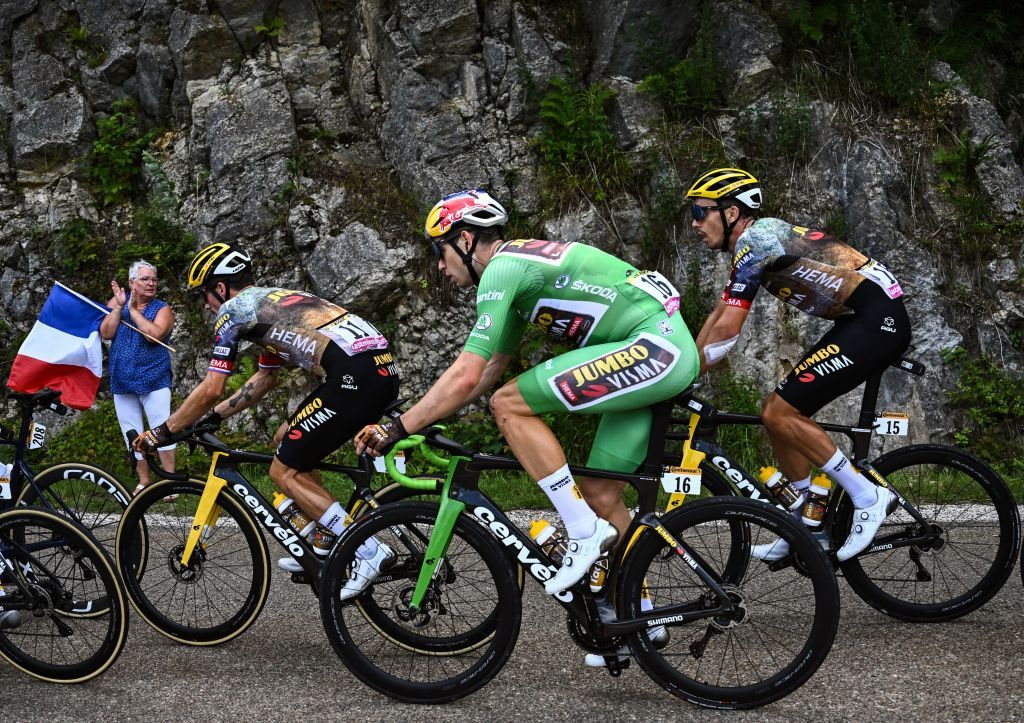 JumboVisma teams Belgian rider Wout Van Aert wearing the sprinters green jersey cycles during the 8th stage of the 109th edition of the of the Tour de France cycling race 1863 km between Dole in eastern France and Lausanne in Switzerland on July 9 2022 Photo by AnneChristine POUJOULAT AFP Photo by ANNECHRISTINE POUJOULATAFP via Getty Images