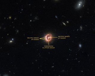 This labeled image shows the different components of the distant quasar known as RX J1131-1231 from Chandra and Hubble. The Chandra data, along with data from ESA's XMM-Newton, were used to directly measure the spin of the supermassive black hole powering this quasar.