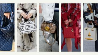 composite of street style images of five different people carrying mini top handle handbags