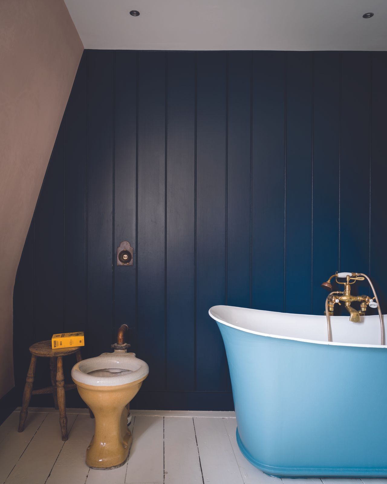 Farmhouse style bathroom with dark blue painted wall and pink wall, blue painted bathroom and white floorboards