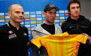 Roger Hammond, Mark Cavendish and Geraint Thomas ahead of the Tour of Britain.