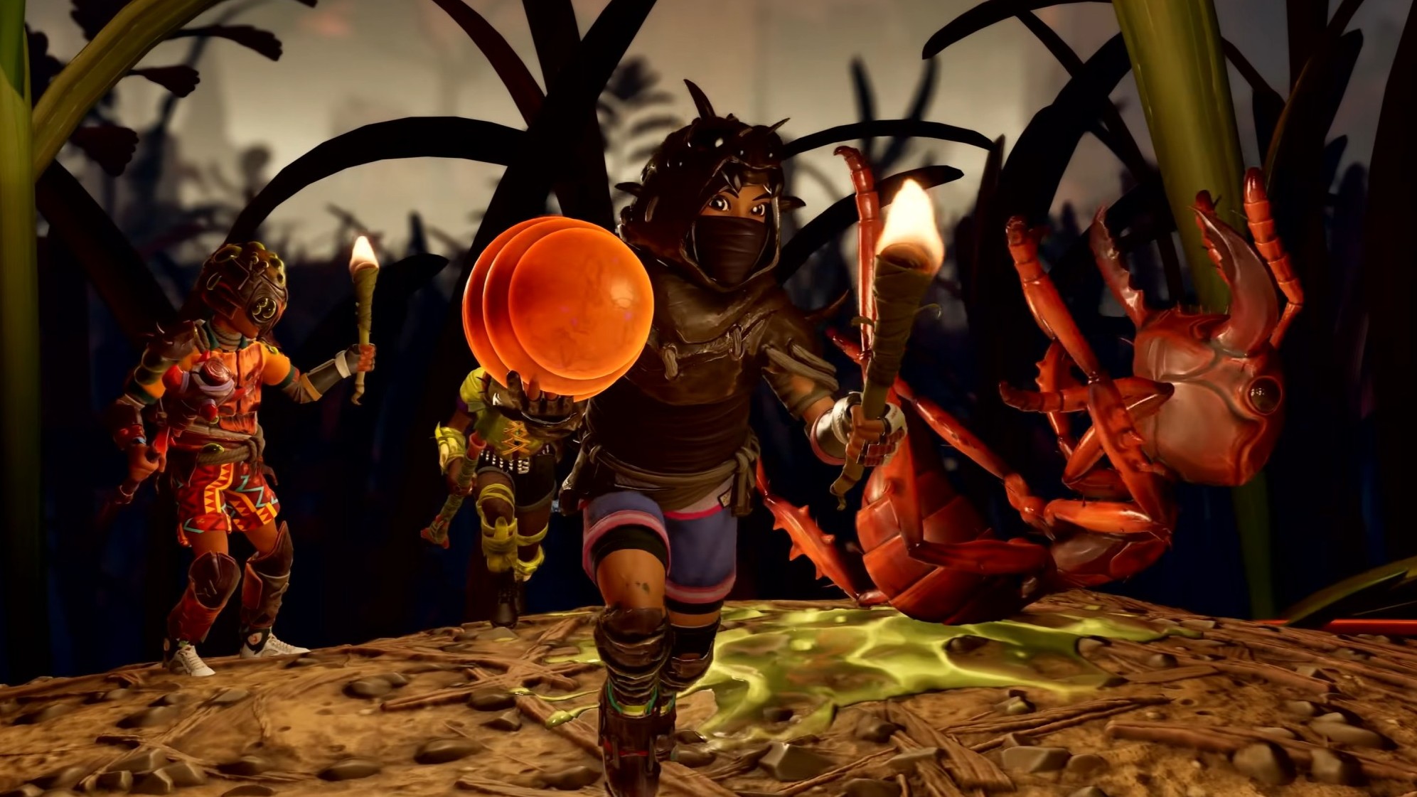 Three player characters from Grounded 2 creeping around at night. The kid up front is wearing parts of various bugs for armor and holding a torch. There&#039;s a dead Red Ant in the background. 