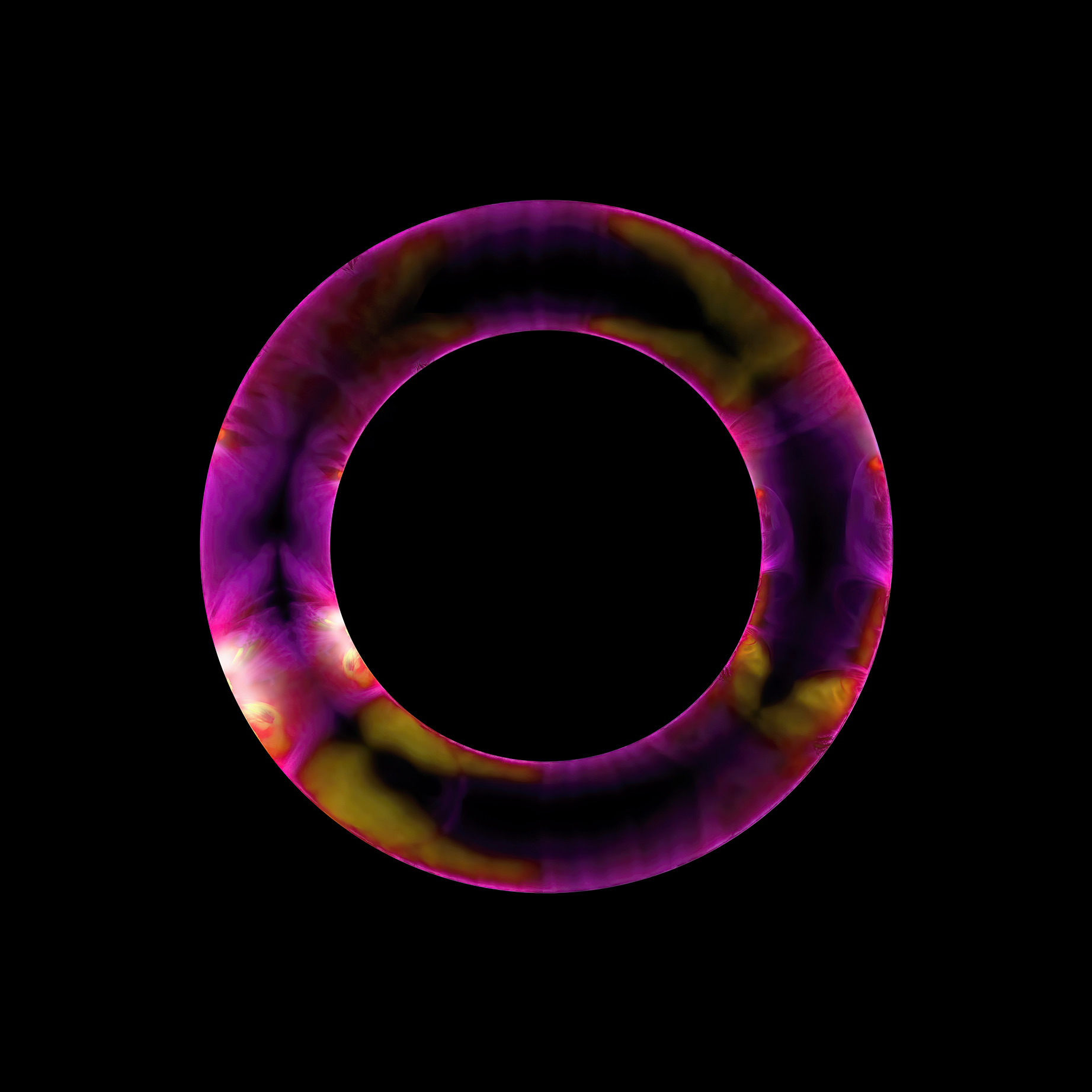 A vibrant, abstract ring-shaped design with swirling purple and yellow patterns on a black background