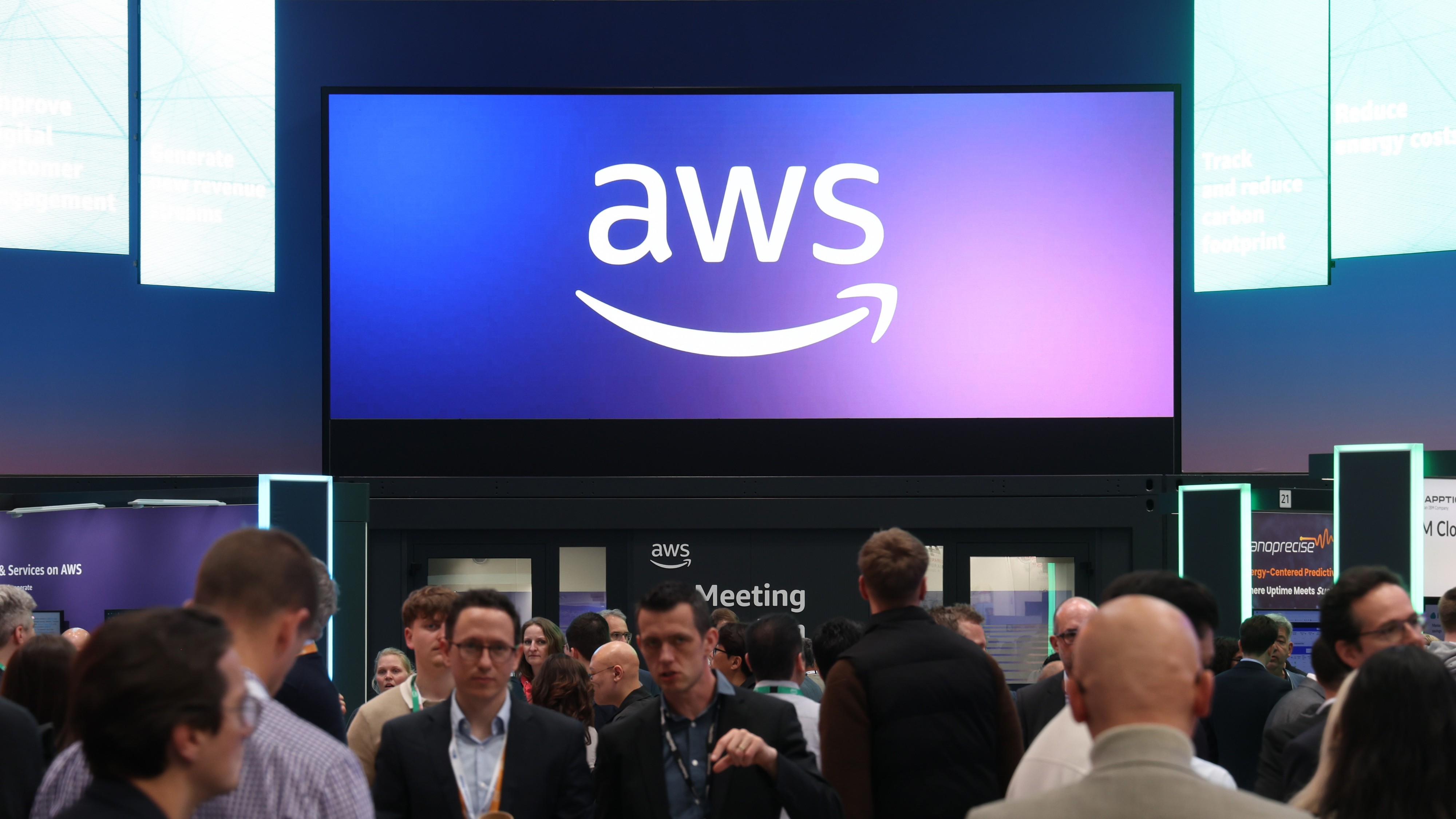 The AWS Amazon Web Services pavilion stands are seen at the 2025 Hannover Messe industrial trade fair on March 31, 2025 in Hanover, Germany.