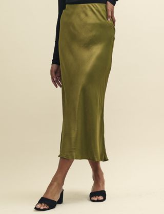 Olive Green Mila Satin Slip Midi Skirt