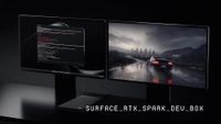 Renders of the Microsoft Surface RTX Spark Dev Box showing the design, the Microsoft logo, and dual monitors performing different tasks. 