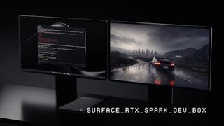 Renders of the Microsoft Surface RTX Spark Dev Box showing the design, the Microsoft logo, and dual monitors performing different tasks. 