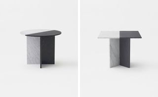 Two photos each showing a table in half white and half black. The left table has a circular table top and the right table has a square table top.