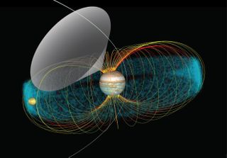 This conceptual image represents Jupiter's large, powerful magnetic field and how it links Io's orbit with Jupiter's atmosphere.