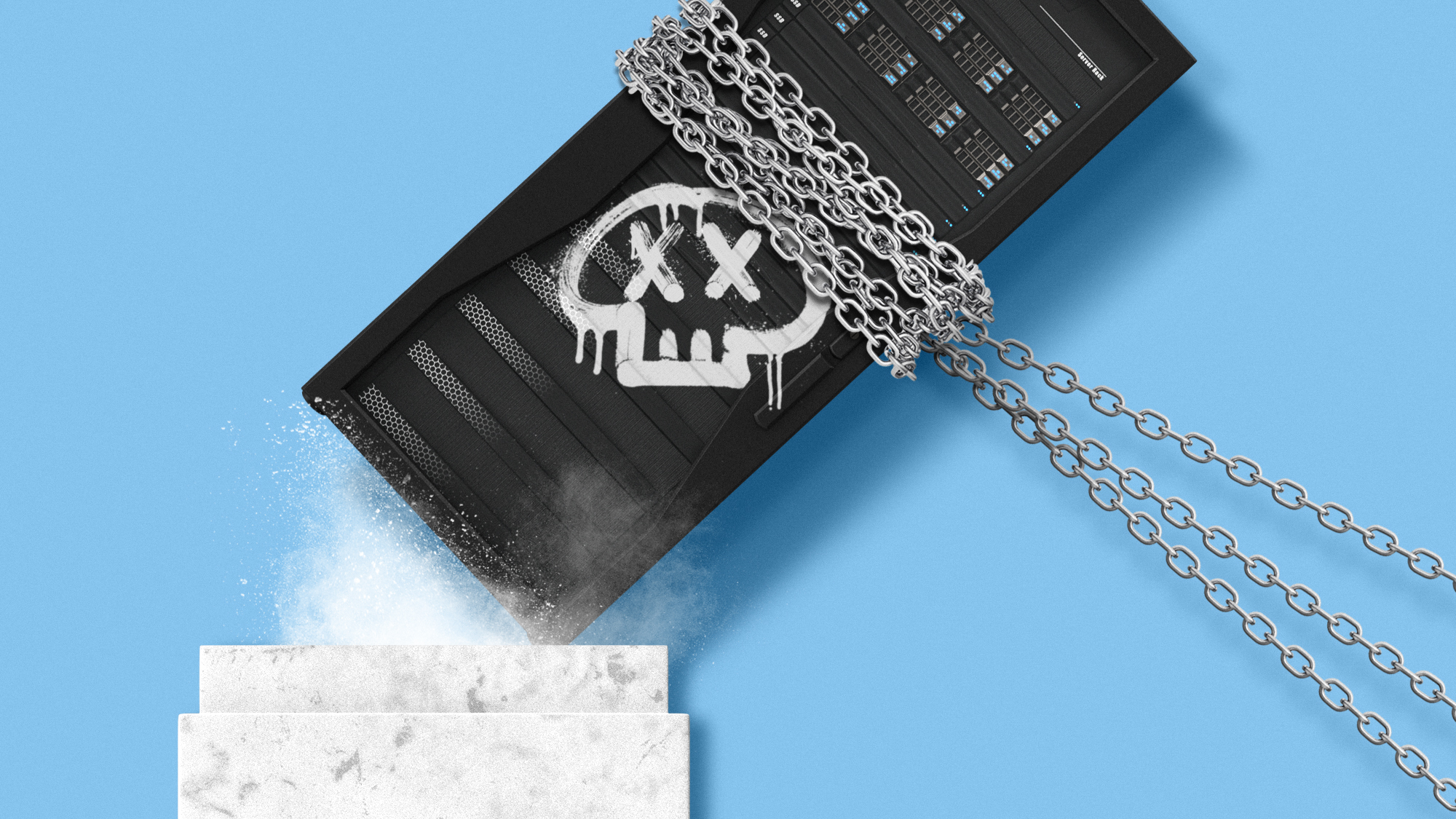Illustration of a defaced data center server being dragged from a marble pedestal