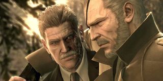 Solid Snake and Big Boss embracing in Metal Gear Solid 4: Guns of the Patriots