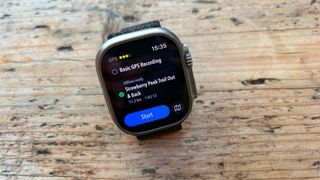 FootPath app screen on Apple Watch, text reads Basic GPS Recording offline ready, Strawberry Peak Trail & Back 11.3km 1:03:13, Start