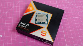 An AMD Ryzen 9 9950X3D on its retail packaging